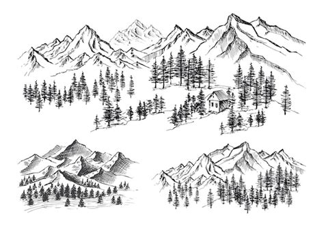 Premium Vector Mountain Landscape Hand Drawn Illustration