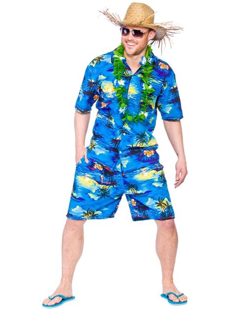 Mens Hawaiian Beach Party Blue Palm Fancy Dress Costume Luau Tropical