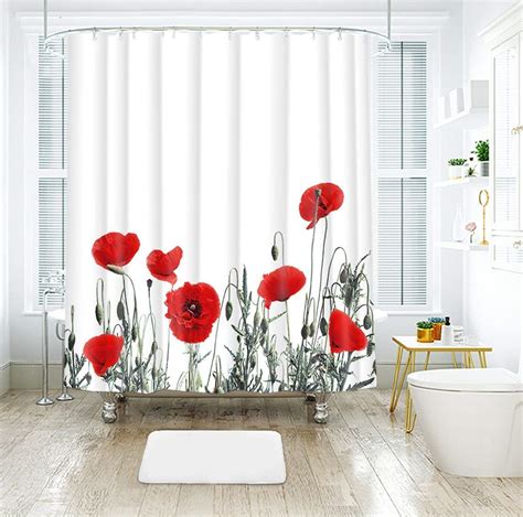 Red Poppy Floral Fabric Shower Curtain Bath Curtain Meadow