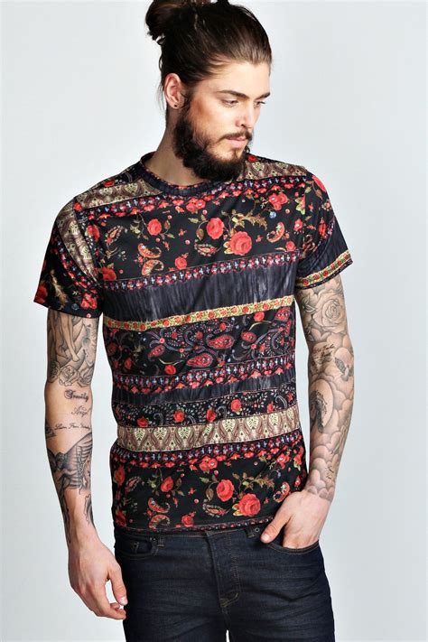 Boohoo Mens Floral Paisley Printed Short Sleeve Top T Shirt In Navy Ebay