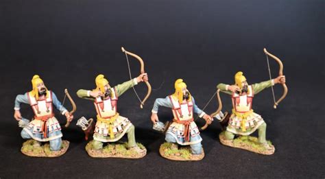 Four Persian Sparabara Archers With Yellow Caps 2 Kneeling Having