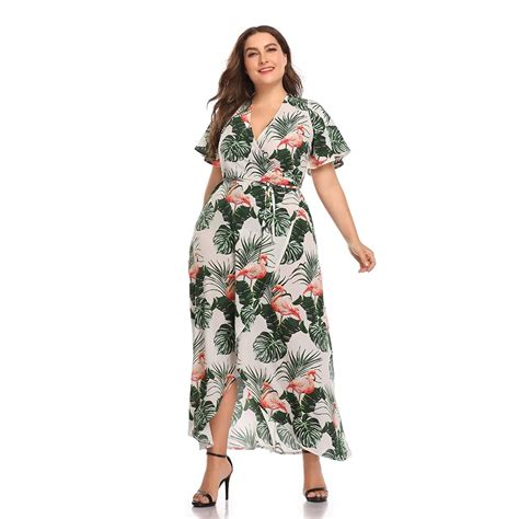 Kenancy 3xl Plus Size Womens Boho Flamingo Print Flare Sleeve Tulip