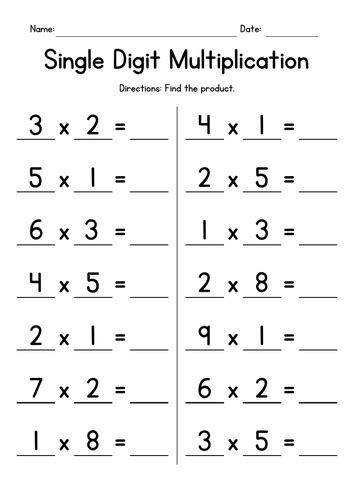 Single Digit Multiplication Worksheets Teaching Resources