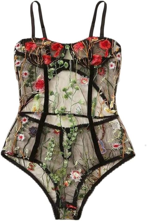 Arts Thenxin Women One Piece Lingerie Bodysuit Floral Embroidered See