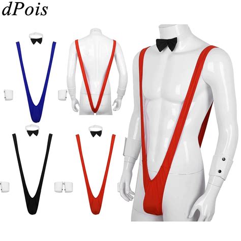 3pcs Men Borat Mankini V Sling Shape Thong Bowtie Cuffs Suspender