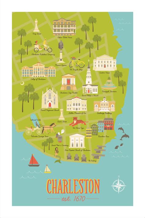 Charleston Illustrated Map Print Charleston South Carolina Art Art
