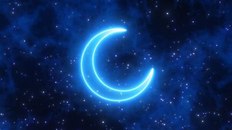 Calm Blue Neon Crescent Moon Shape In Cloudy Dark Night Sky Stars 4k