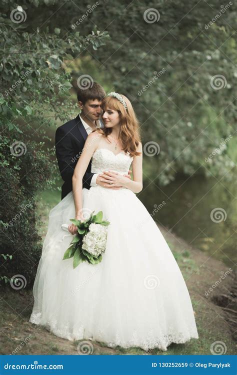 Beautiful Romantic Wedding Couple Of Newlyweds Hugging In Park On