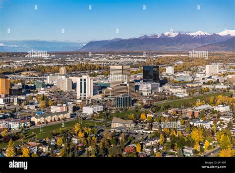 Aerial View Of Downtown Anchorage Delaney Park Strip And The Chugach