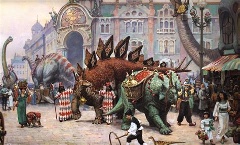 Обои арт живопись James Gurney Dinotopia динозавры улица люди на