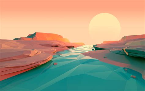 Polygon Lake Sunset Minimalist Hd Artist 4k Wallpapers Images
