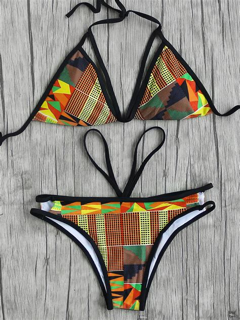 Geometric Print Strappy Triangle Bikini Set Shein Sheinside
