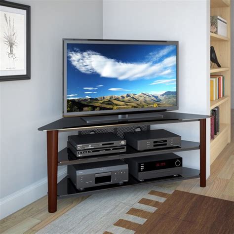 Corliving Alturas Stained Wood Corner Tv Stand For Up To 68 Inch Tvs