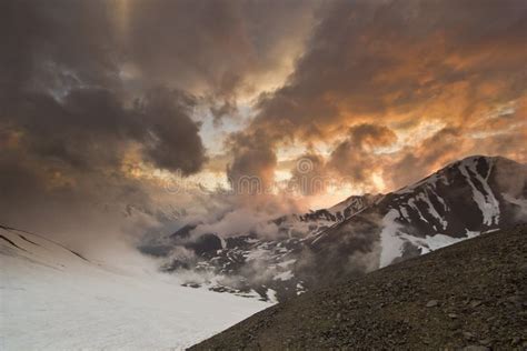 Snowy Peaks From Mountains With Beautiful Sunset Stock Photo Image Of