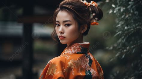 beautiful japanese woman in orange kimono background a cute woman in a kimono that looks good