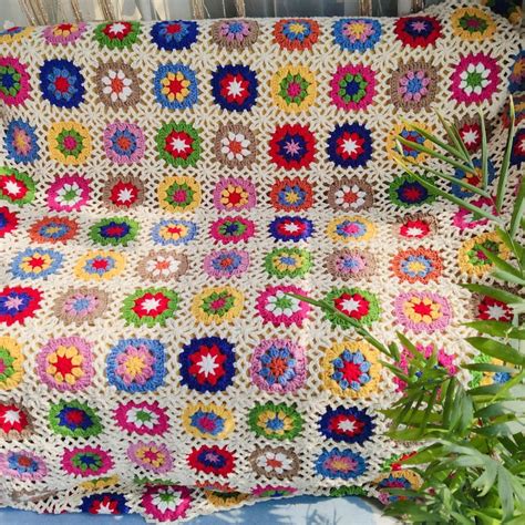 Granny Square Daisy Crochet Blanket Etsy