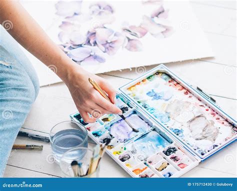 Fine Art Hobby Woman Mixing Watercolor Paint Stock Photo Image Of