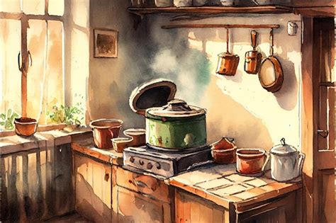 Premium Photo Old Kitchen Watercolor Art