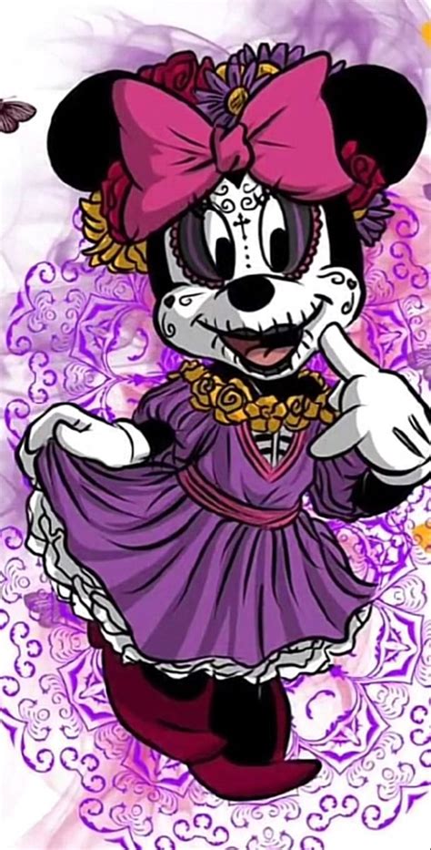 a drawing of minnie mouse wearing a purple dress