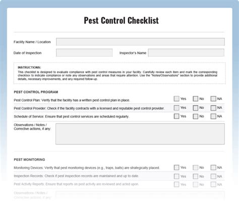 Pest Control Inspection Checklist Download Free Pdf