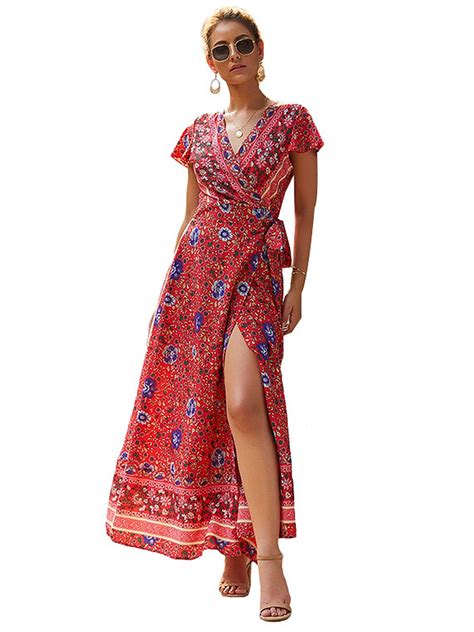 Boho Beach Floral Polka Dot Printed Maxi Dress For Women Casual Ladies Wrap Summer Paisley