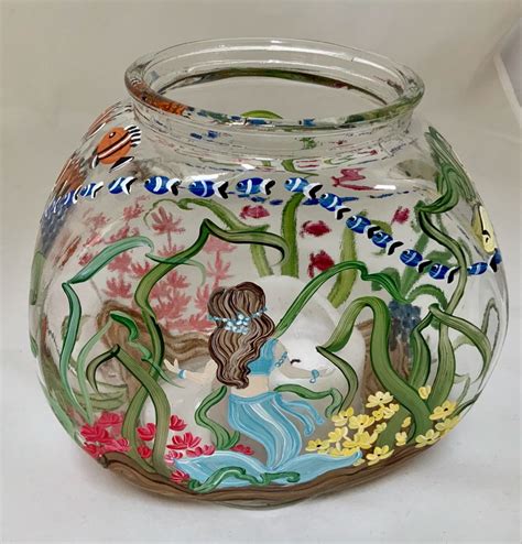 Mermaid Fish Bowl Candle Holder Hand Painted Glassware Fish Bowl