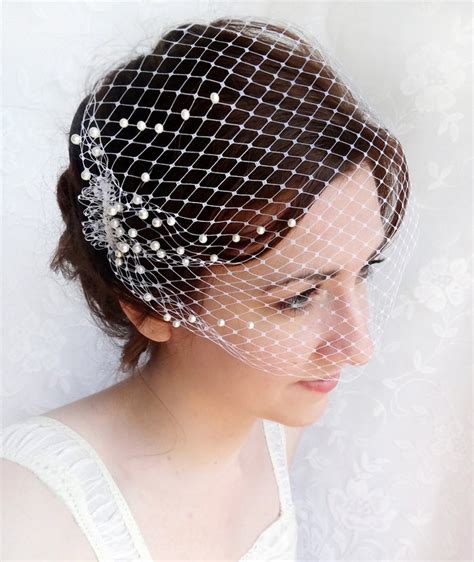 Birdcage Veil With Pearls Wedding Bandeau Veil Small Etsy