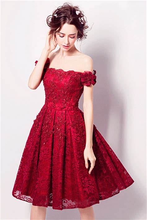 A Line Off The Shoulder Short Red Party Prom Dress With Flowers
