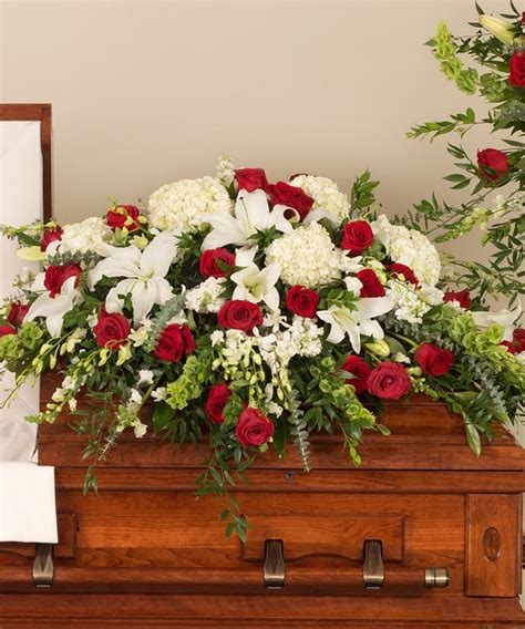 Classic Red And White Casket Spray Deluxe Half Casket Shown