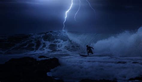 Res 2048x1191 Night Ocean Surfing Guy The Storm Lightning Surfing