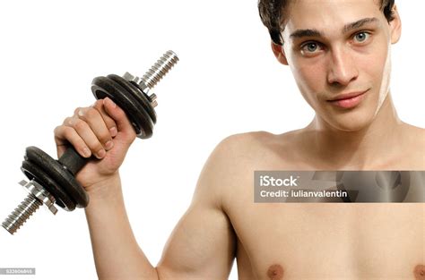 Skinny Man Training Bicep Muscle With A Dumbbell Getting Fit Stock