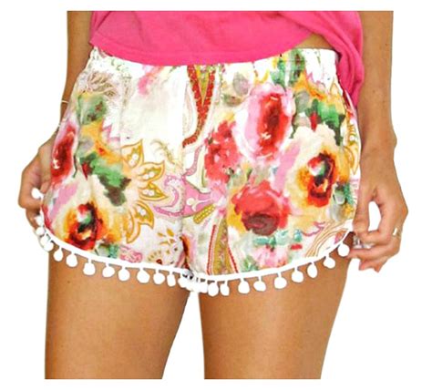 Hot Pink Floral Paisley Elastic Waist Pom Pom Trim Bohemian Shorts