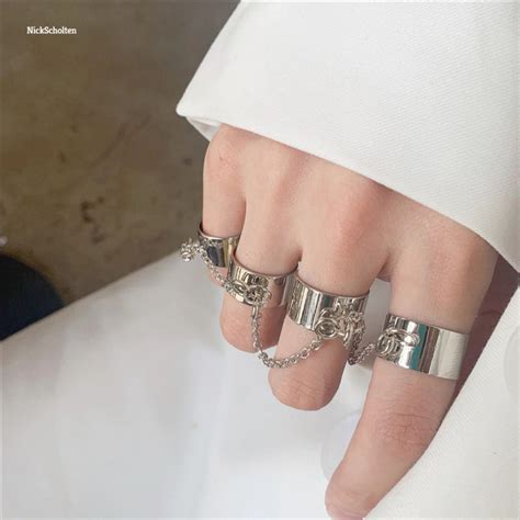 Four Finger Chain Rings Goth Band Rings Stackable Open Ring