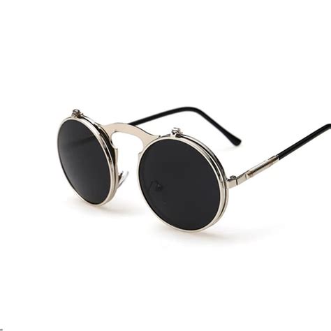 Vintage Steampunk Male Sunglasses Round Designer Steam Punk Metal Ocul Moflily Flip Sunglasses