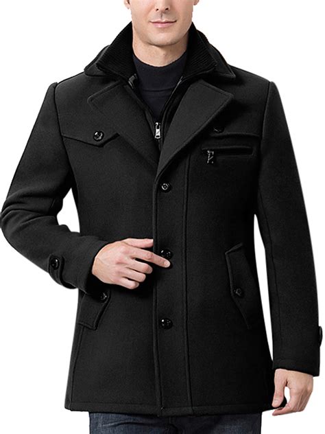 Men Casual Winter Pea Coat Slim Fit Single Breasted Short Wool Jacket Woolen Trench Coat ...