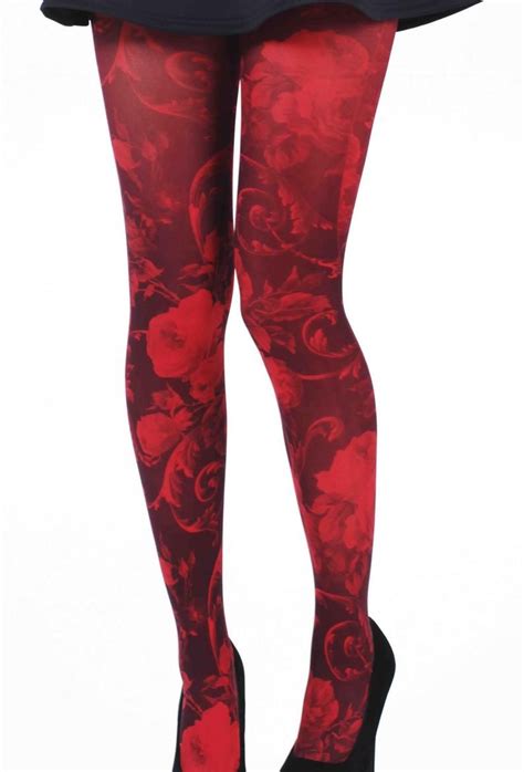 Red Floral Tights Two Tone For Women Flowers Printed On Pantyhose
