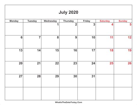 July 2020 Calendar With Weekend Highlight Whatisthedatetodaycom