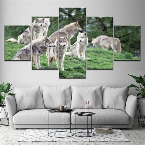 5 Pcsset Large Animals Three Lazy Wolves Canvas Print Painting Framed