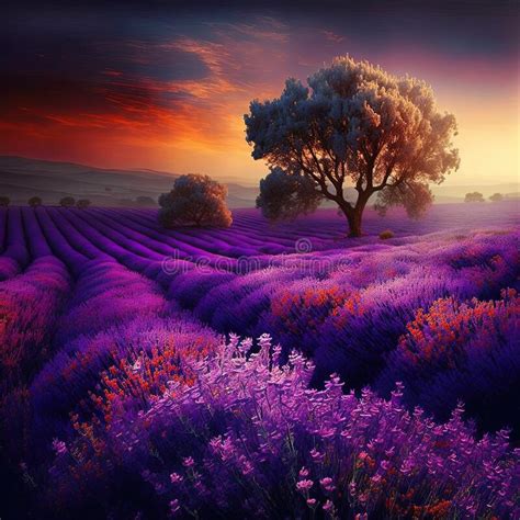 Sunset Landscape Over Lavender Field Generative Ai Stock Illustration