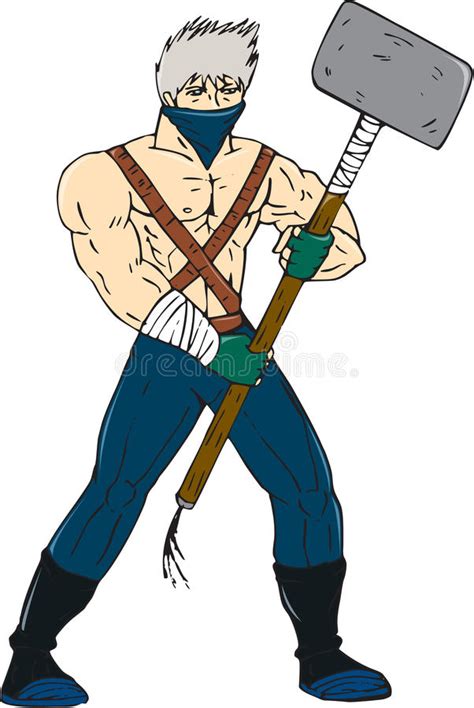 Ninja Masked Warrior Sledgehammer Cartoon Stock Illustration