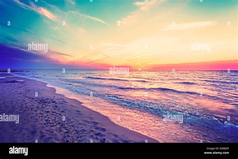 Magical Sunset Over Baltic Sea Coast Miedzyzdroje In Poland Stock