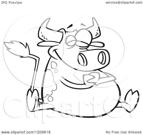 Cartoon Of A Black And White Happy Fat Cow Sitting Royalty Free