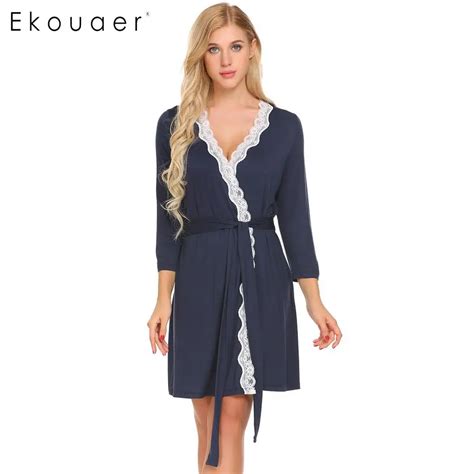ekouaer bathrobe dressing gown women nighties sleepwear long sleeve v neck lace trimmed belt