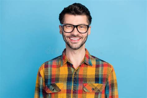 Photo Of Optimistic Friendly Handsome Man In Glasses Dressed Plaid Shirt Smiling Look At Camera