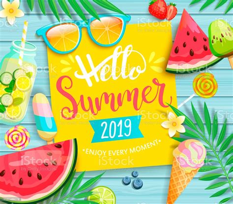 Hello Summer 2019 Yellow Card Or Banner Stock Illustration - Download Image Now - iStock