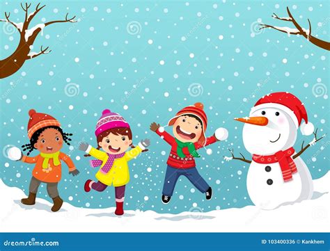 Winter Fun Happy Children Playing In The Snow Stock Vector