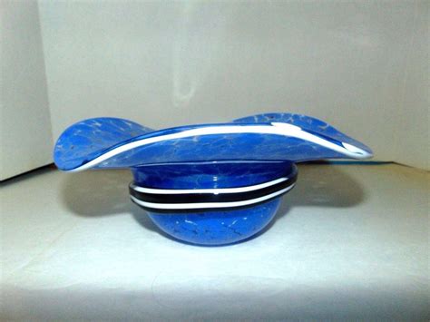 Murano Hat Vase Vintage Hand Blown Glass Blue Black White Ribbon T56 Murano Black And White