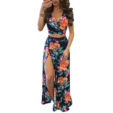 yjsfg house elegant women summer long maxi dresses two piece set sexy 2019 hollow out crop top