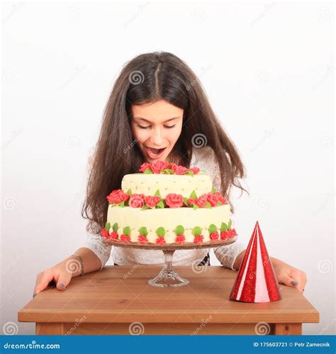 Pretty Girl Biting Anniversary Cake Stock Image Image Of Happiness Flower 175603721