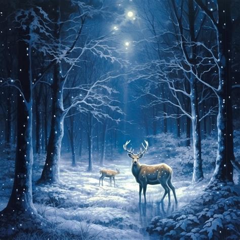 Premium Photo Painting Of Two Deer In A Snowy Forest At Night